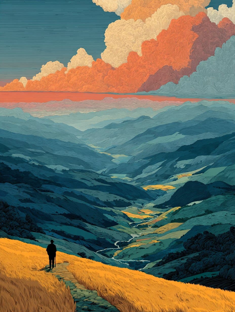 Illustrated mountain landscape at golden hour
