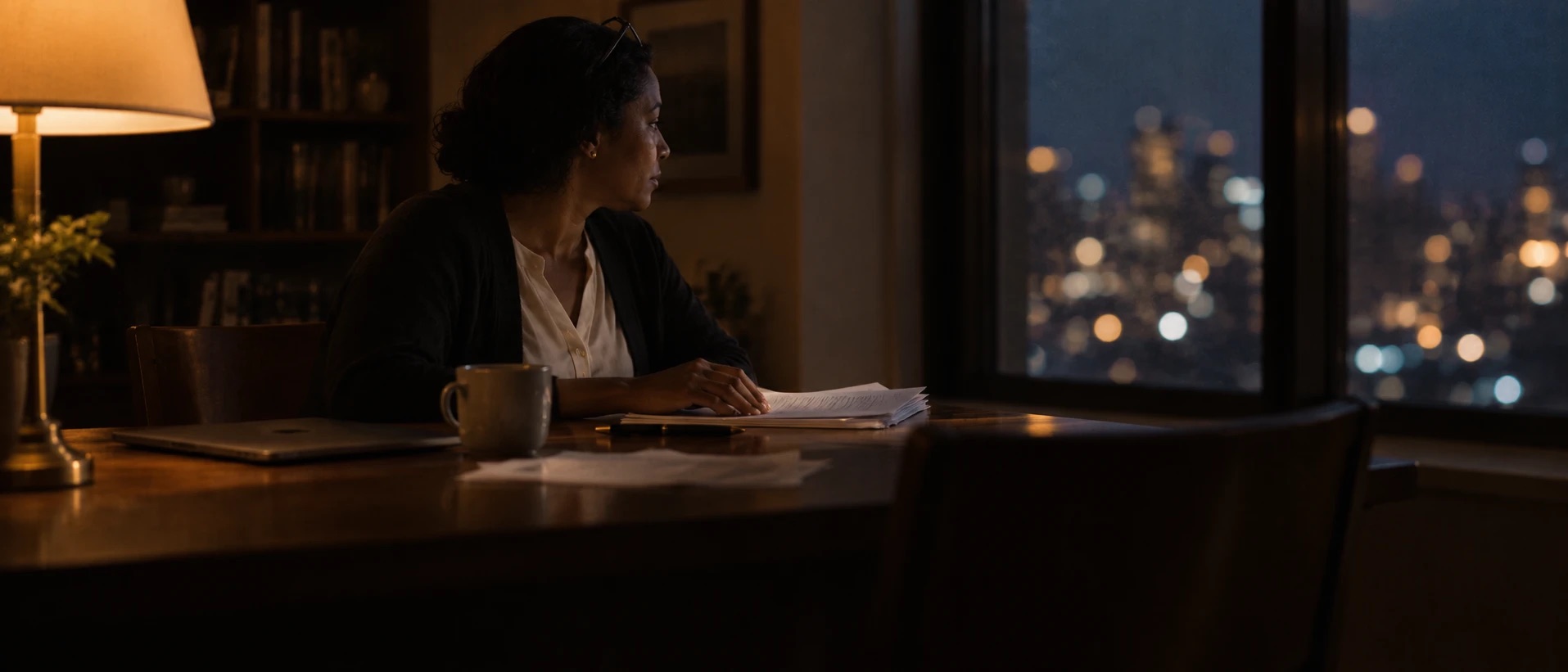 Illustrative image: a woman at a table with papers, looking out at a city at night