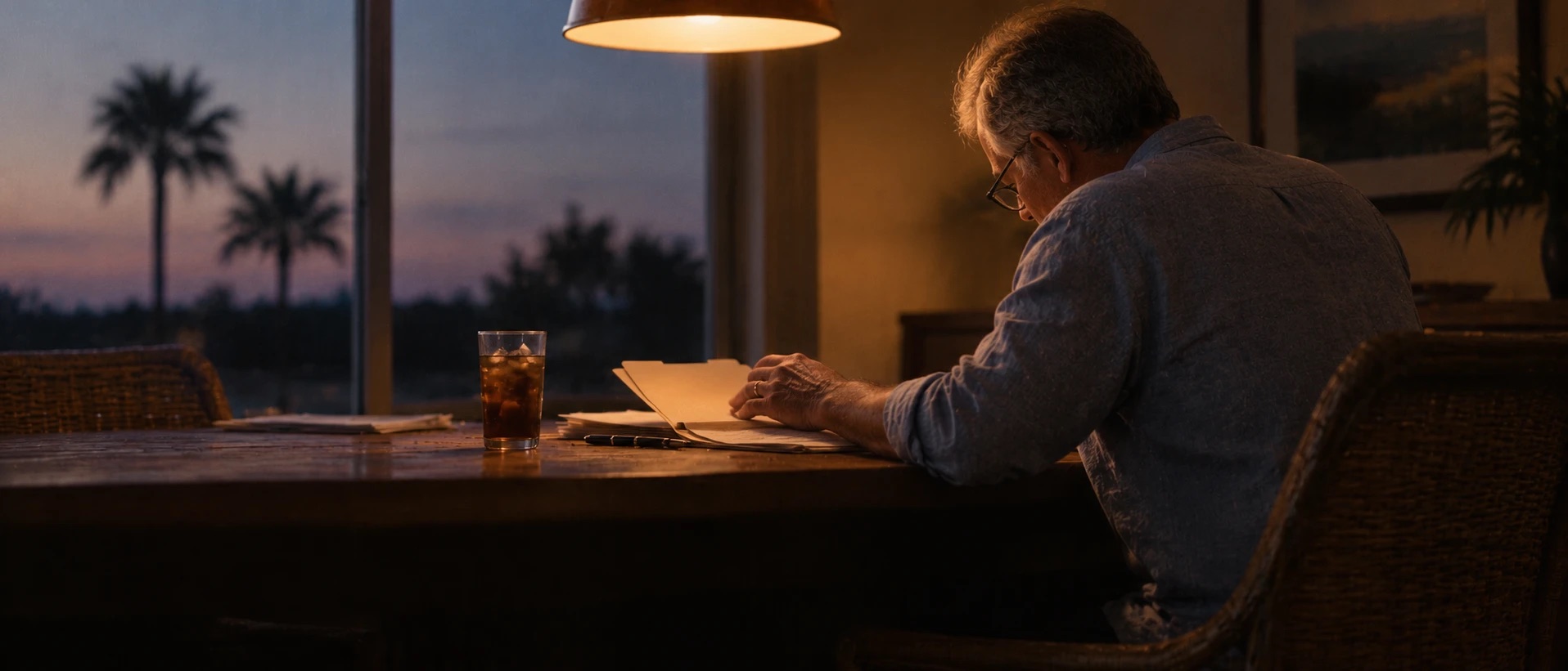 Illustrative image: an older man reading papers at a dining table at dusk