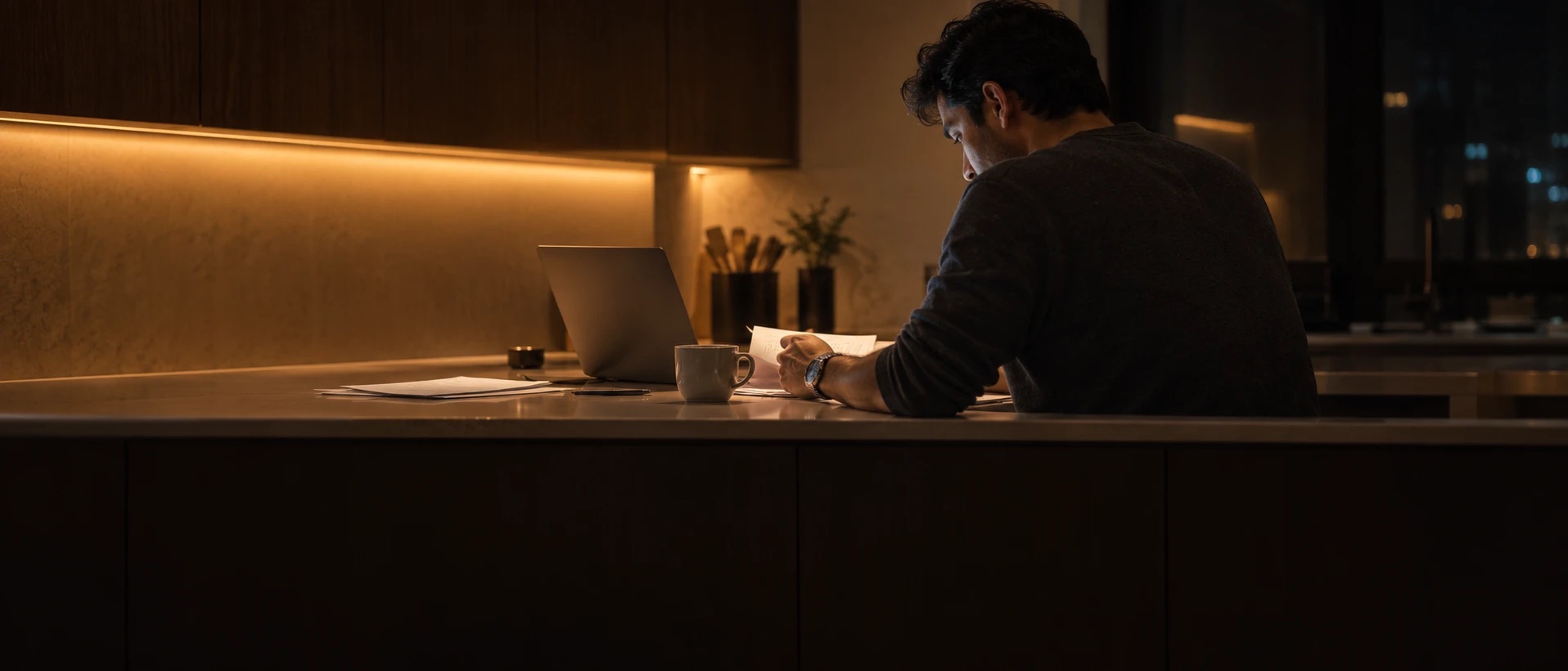 Illustrative image: a man reviewing papers at a kitchen counter at night